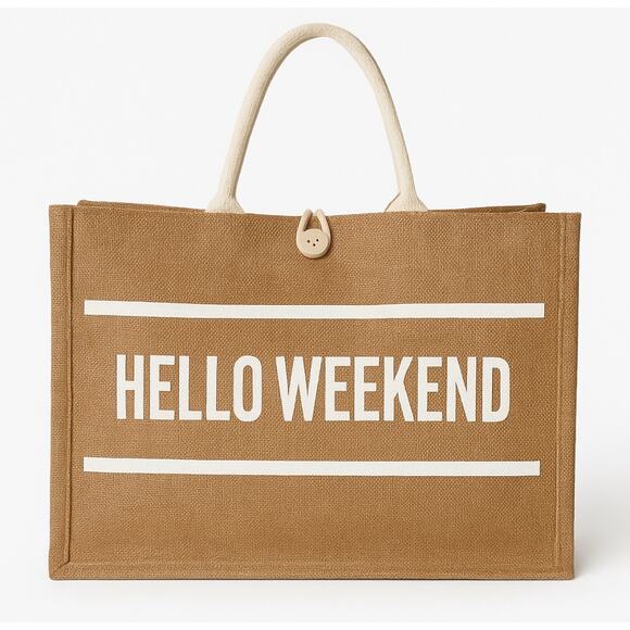 Hello Weekend Tote Bag | Large Jute Burlap Market Beach Travel Reusable Shopper - Picture 1 of 6
